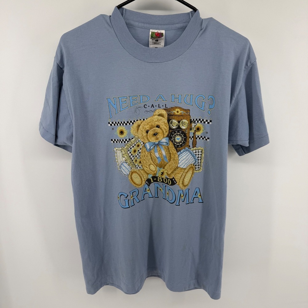 Vintage Grandma Teddy Bear Graphic T Shirt Need A Hug Blue‎ USA Made Adult Large